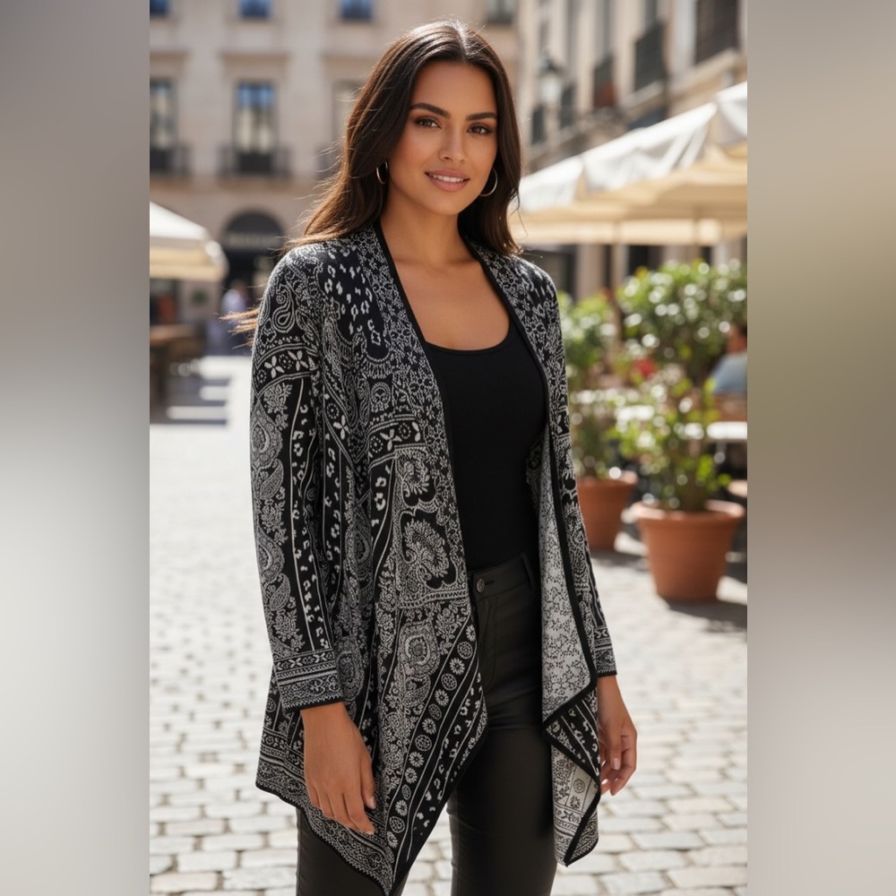 New Chico’s Elegant Open Front Patterned Cascade … - image 1